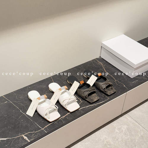 蝴蝶结做旧方头凉拖鞋女