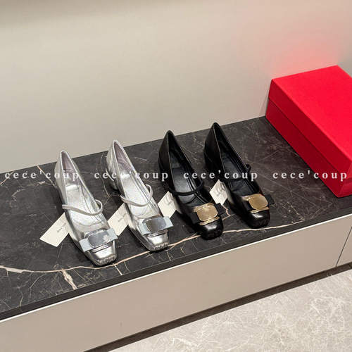 26FW方头金属扣蝴蝶结浅口单鞋