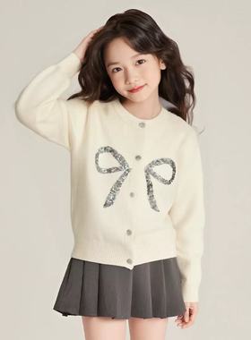 2025秋冬新款女童中大童纯棉针织衫开衫毛衣白色亮片蝴蝶结外套
