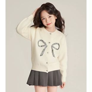 2025秋冬新款女童中大童纯棉针织衫开衫毛衣白色亮片蝴蝶结外套