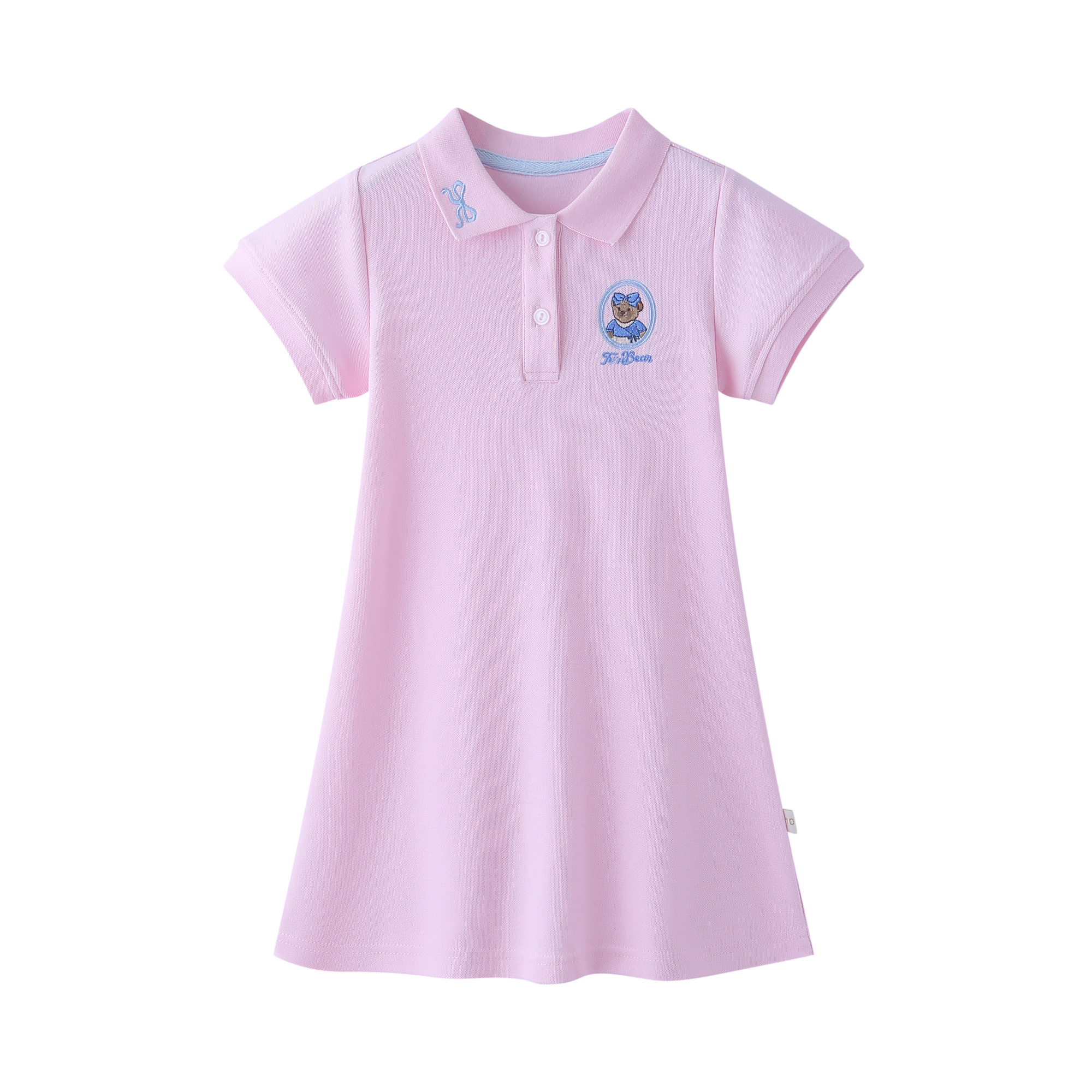 韩单女童夏季短袖纯棉POLO学院风女孩粉色连衣裙休闲可爱小熊裙子