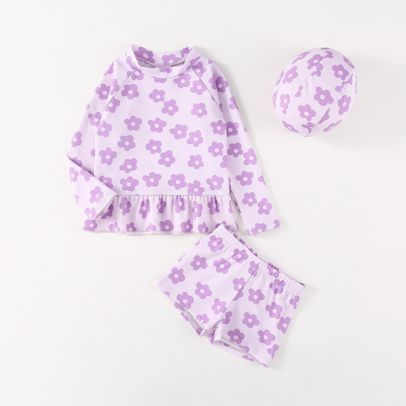 女童泳衣儿童女孩分体长袖平角泳裤套装中小童宝宝速干防晒泳装夏