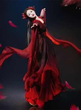 红绡黑红古典舞演出服飘逸古风红色纱衣练功套装大摆裙中国舞蹈