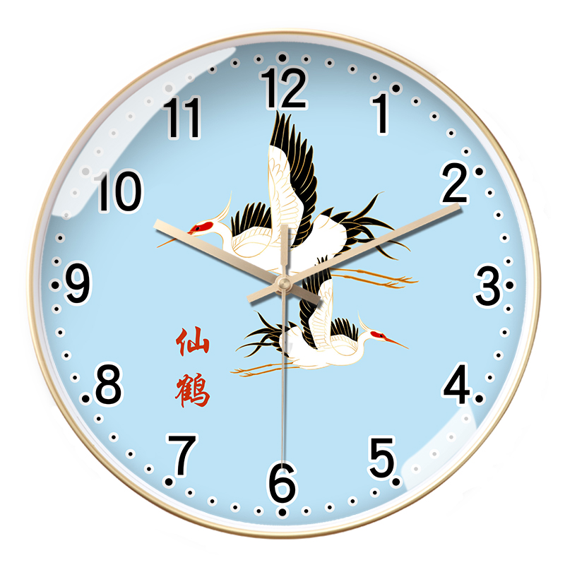 中式客厅挂墙挂钟国风仙鹤静音石英钟自动对时电波钟来图定制钟表
