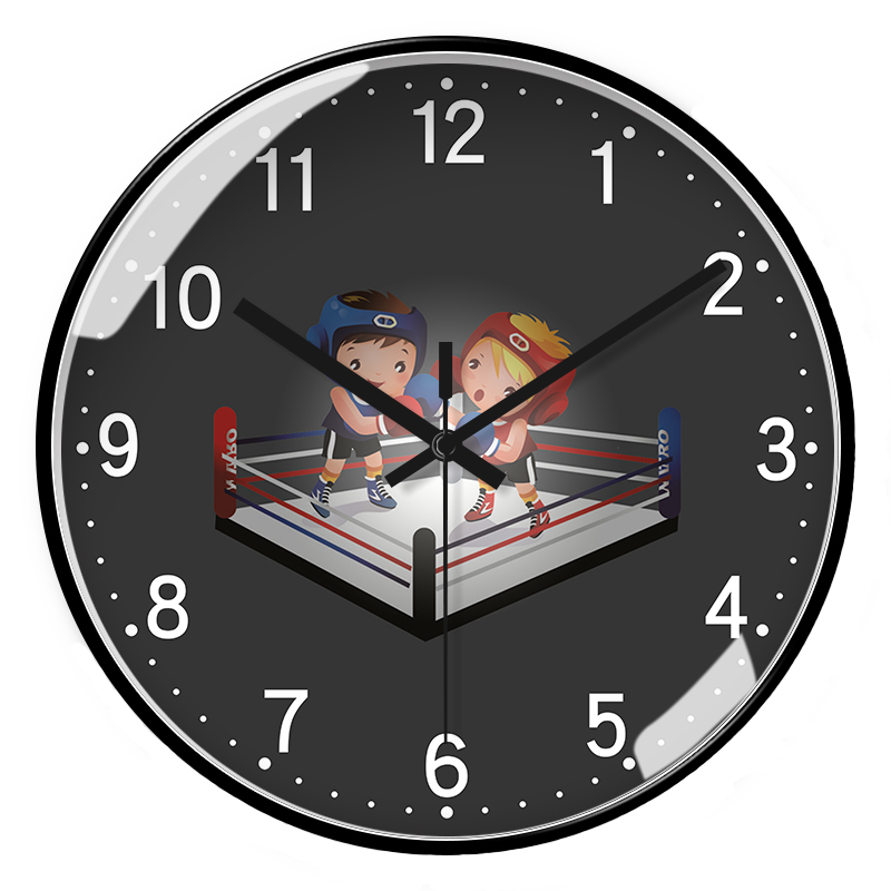 卡通拳击人物挂钟儿童练习培训班时钟客厅卧室免打孔电波钟石英钟
