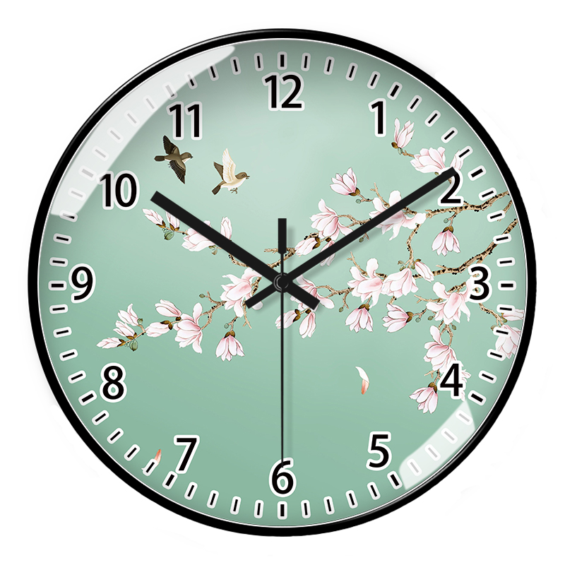 客厅挂墙挂钟新中式花鸟装饰超静音石英钟国风定制自动对时电波钟