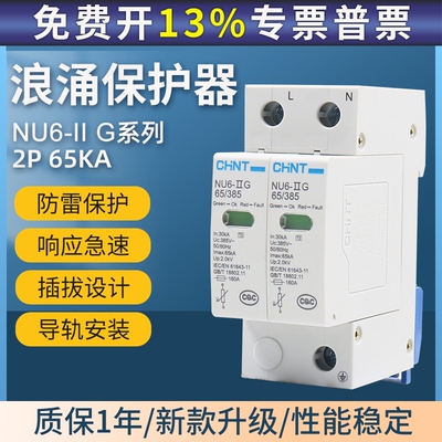 CHNT 正泰浪涌保护器nu6二级电源防雷2p家用65KA防雷击电涌385V伏