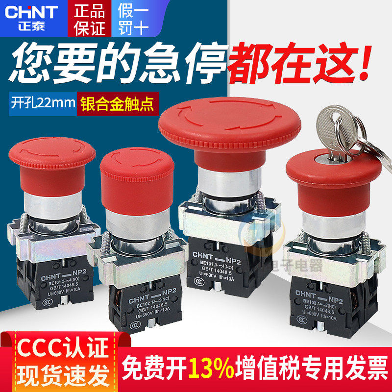 CHNT正泰紧急急停按钮开关控制盒自锁BS542停止带钥匙NP2常闭22mm