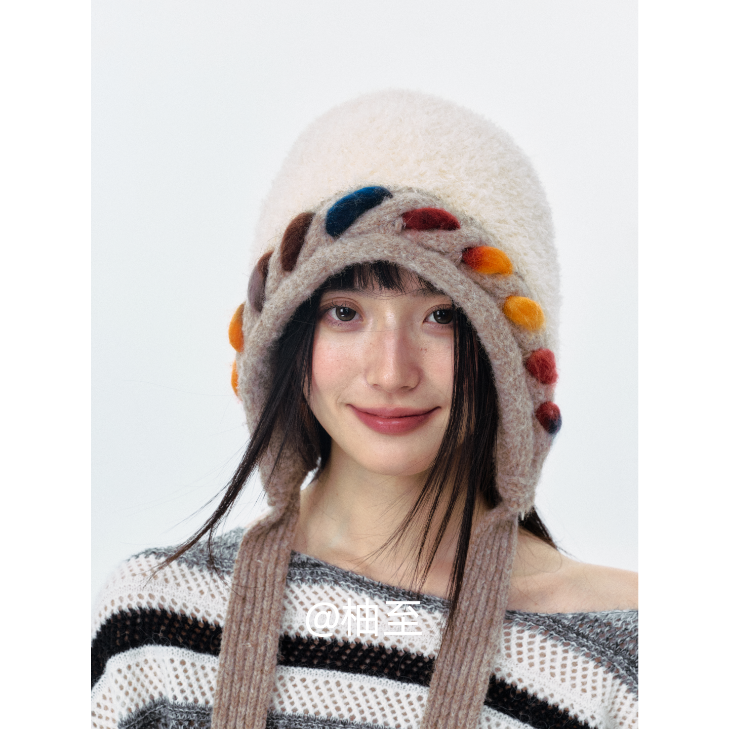 2025新款可爱绑带护耳帽子女秋冬毛绒帽韩版日系系带包头帽潮ins