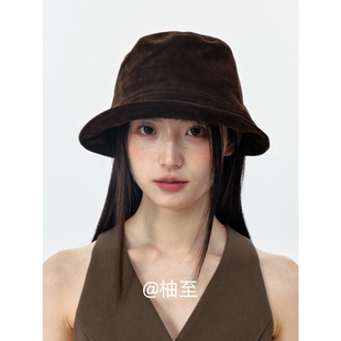 时髦麂皮绒面咖啡色渔夫帽子女街头春秋冬韩版 日系显脸小盆帽ins