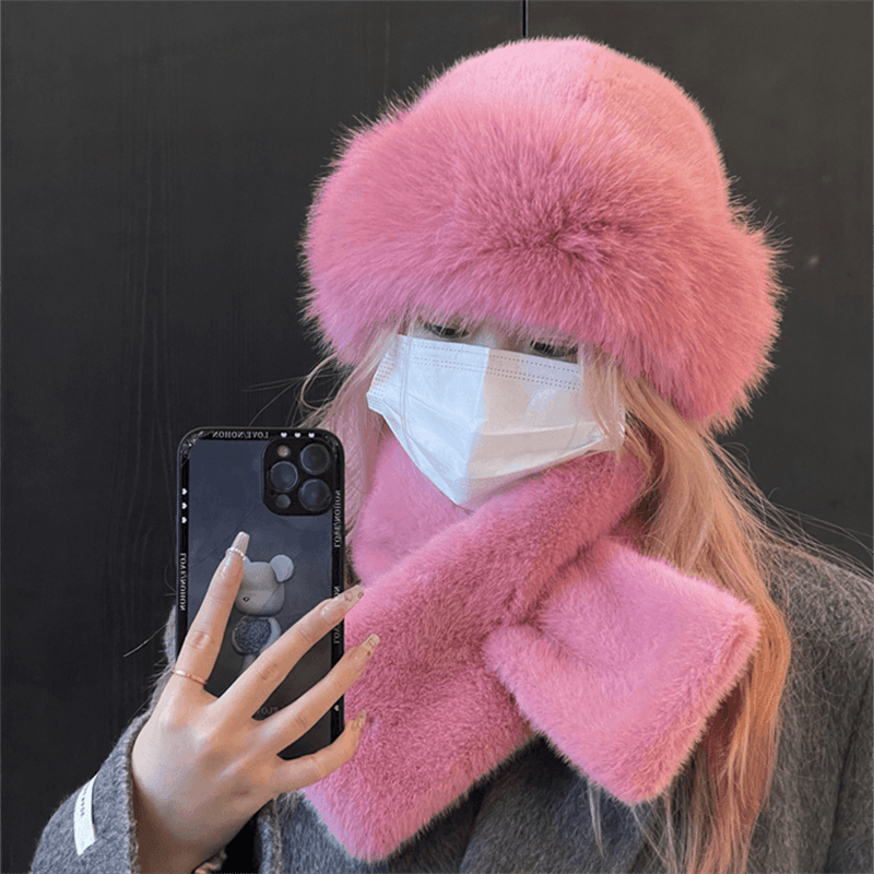 仿貂毛围巾帽子套装交叉围脖女防寒保暖百搭蒙古帽毛绒地主帽秋冬