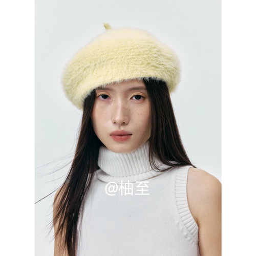 暖暖鹅黄色毛绒帽子女秋冬季街头显脸小时尚复古画家贝雷帽潮ins