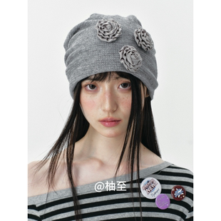 早秋时髦立体花朵堆堆帽子女春秋街头韩版 日系包头帽显脸小冷帽潮