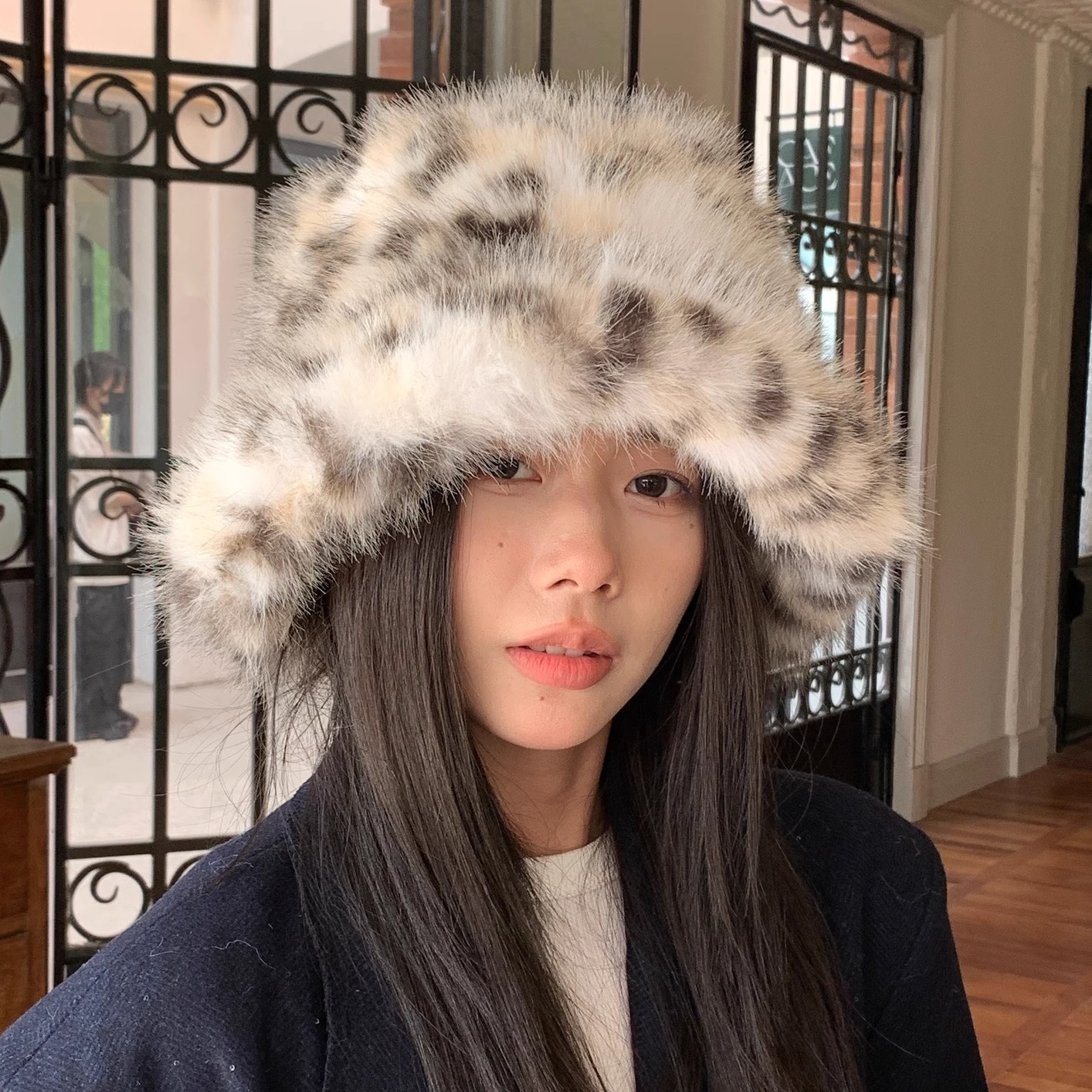 软糯fever同款豹纹毛绒帽子女秋冬韩版日系百搭时尚保暖渔夫帽潮