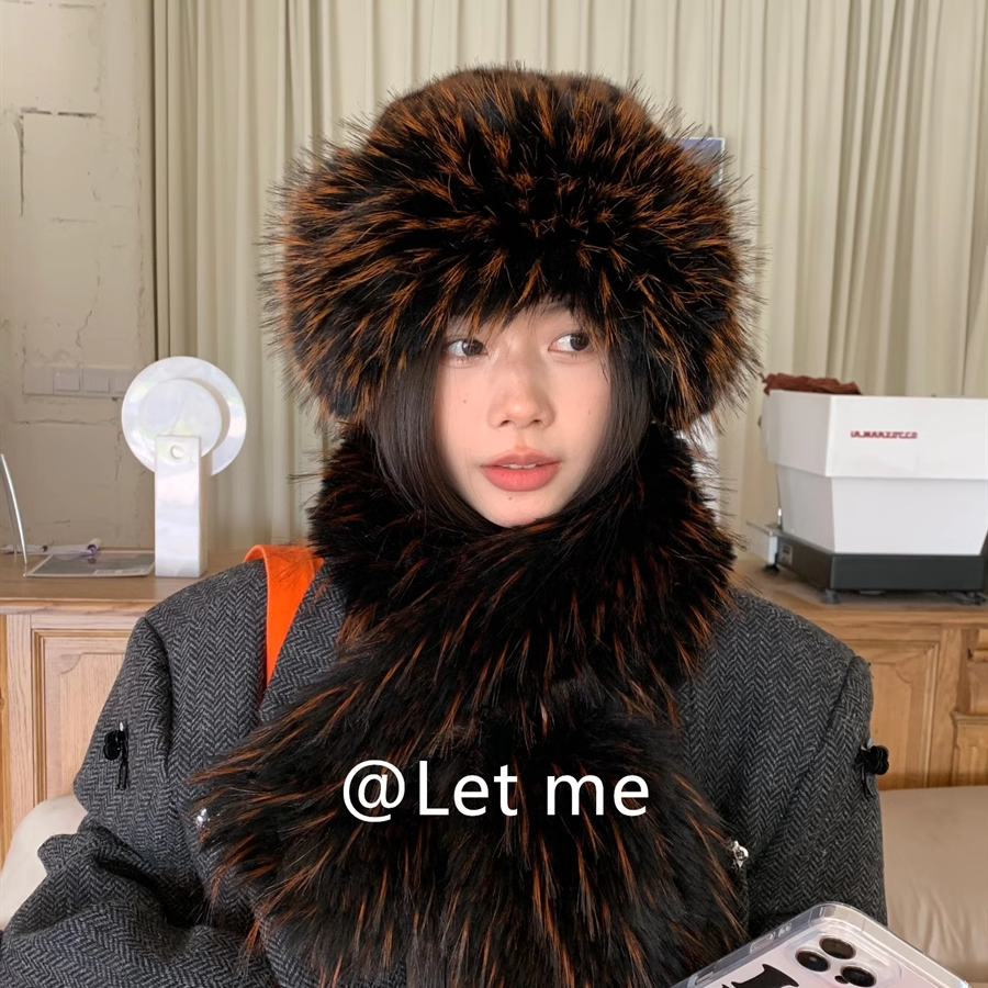 时髦豹纹毛绒帽子毛绒围脖2件套秋冬韩版保暖围巾显脸小渔夫帽潮