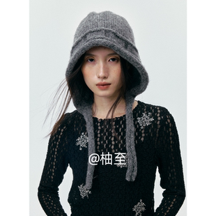 时髦灰色绑带针织帽子女秋冬街头韩系显脸小保暖护耳帽潮ins冷帽