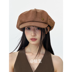 复古麂皮绒八角帽子女春秋冬季 日系显脸小画家鸭舌报童帽ins 韩版
