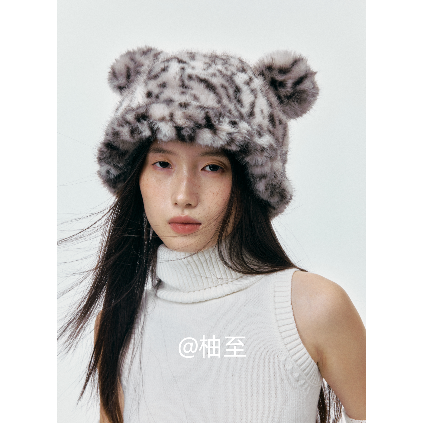 冬季可爱小熊耳朵毛绒帽子女秋冬防寒保暖仿水貂豹纹显脸小渔夫帽