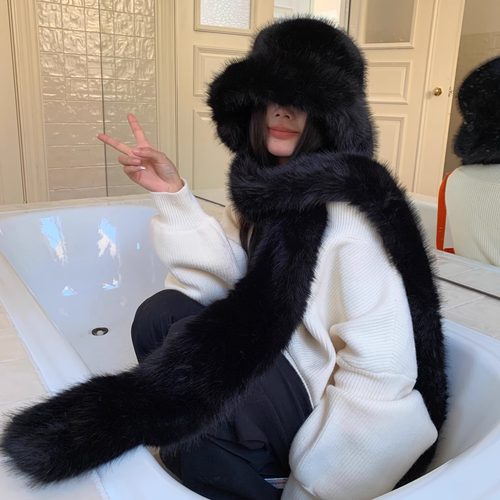 欧美毛绒大帽檐盆帽长围巾短围脖毛绒渔夫帽子保暖围脖套装女秋冬