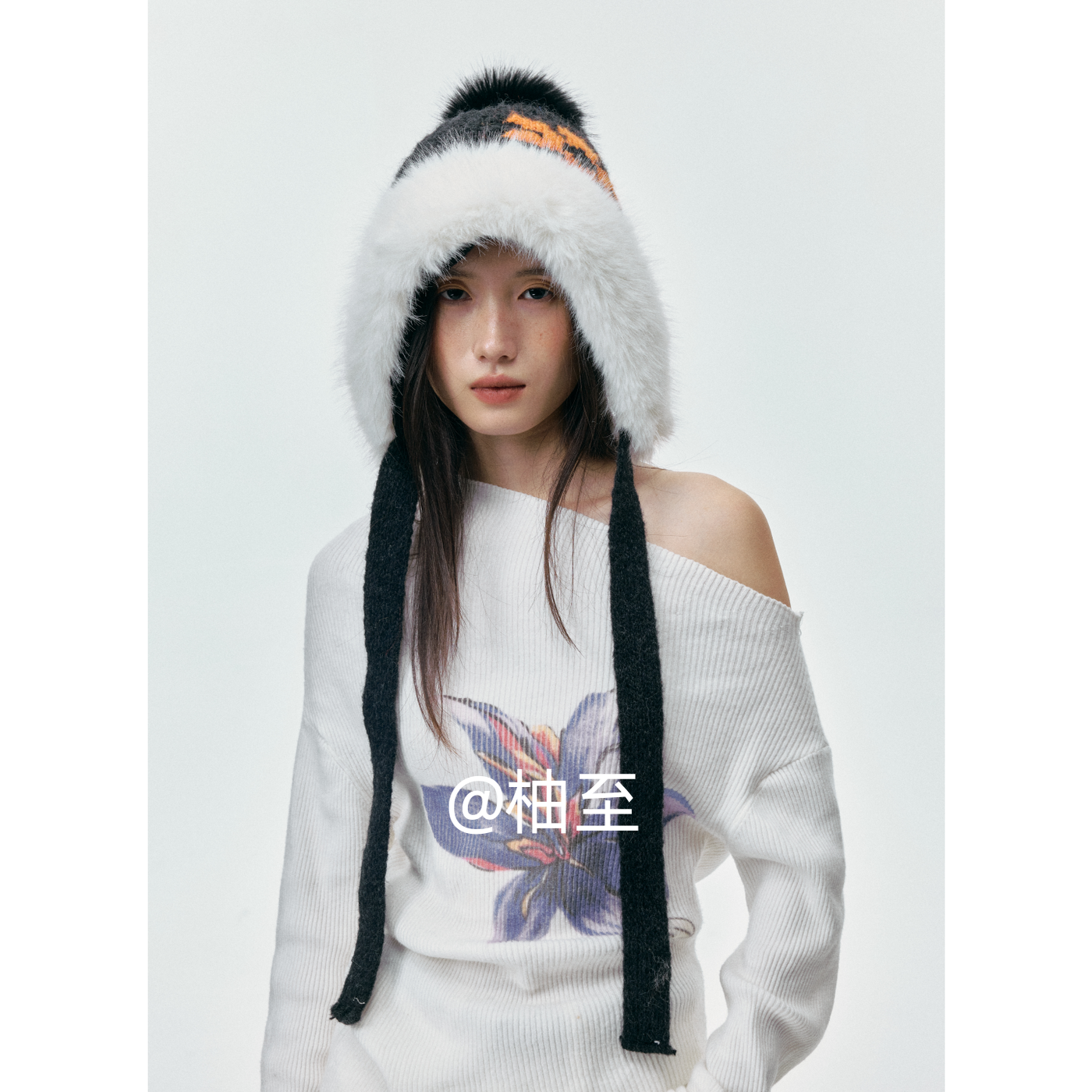 时尚大花朵毛绒帽子女秋冬加绒加厚保暖包头帽氛围感显脸小护耳帽