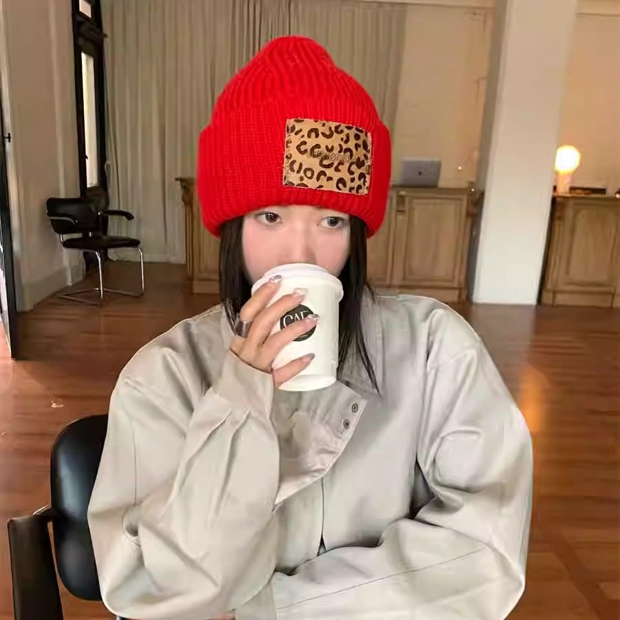 网红同款2024秋冬新款豹纹贴布针织帽女韩版日系百搭包头毛线帽子