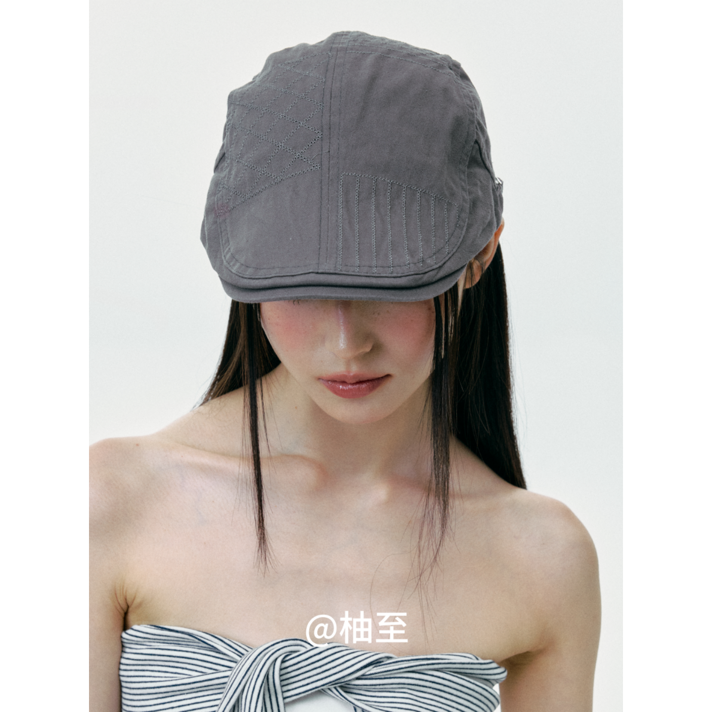 街头简约韩系格纹前进帽子女春夏秋季显脸小贝雷帽短檐鸭舌帽ins