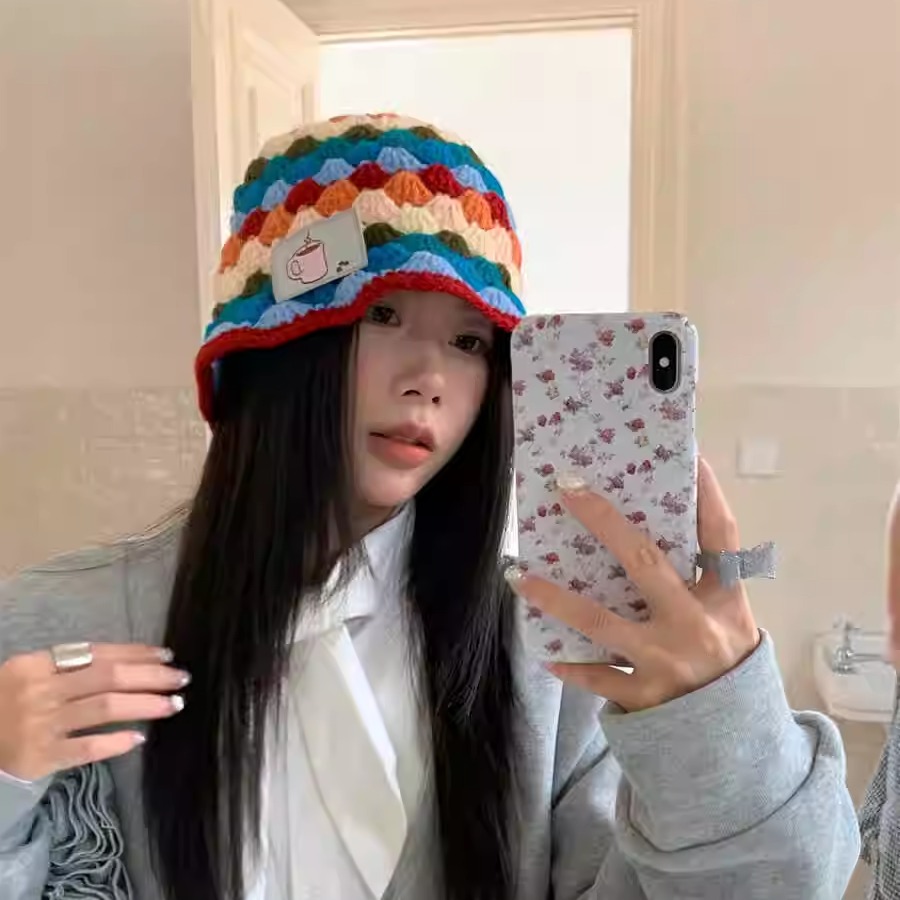 彩色手工编织渔夫帽女2024春秋新款显脸小韩版针织帽子遮脸水桶帽