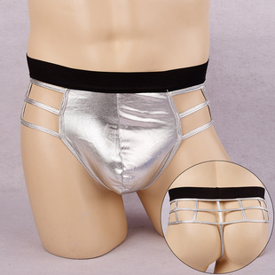 男款漆皮内裤性感中腰镂空格子丁字裤男夜店舞台U凸亮光仿皮T裤