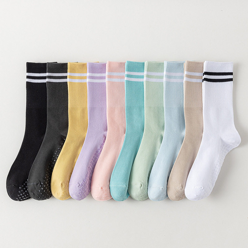 瑜伽袜运动中筒袜黑白色两杠条纹吸汗透气防滑跑步袜百搭袜子女袜