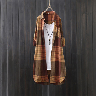 棉麻格子衬衫女春薄外套宽松复古设计感上衣中长款跨境东南亚衬衣