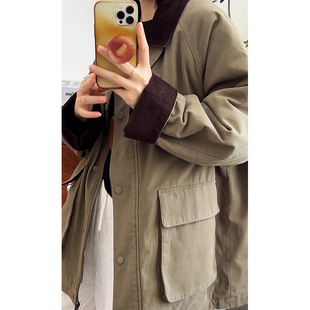 530巴恩风撞色灯芯绒翻领棉服女宽松工装风加厚外套韩版棉衣冬款