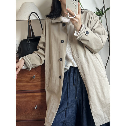 秋装新款韩版休闲宽松显瘦拼色格子内衬长款纯棉风衣外套女