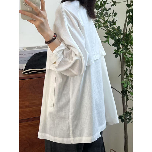 【007】立领老钱风防晒外套女中长款宽松显瘦天丝亚麻设计感风衣