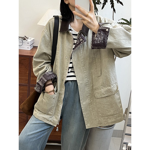 巴恩风灯芯绒撞色翻领拼接牛仔棉外套宽松工装风休闲夹克派克服女