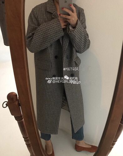 韩国复古格子双排扣过膝呢大衣