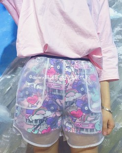daierx现货韩国东大门度假风复古印花欧根纱拼接短裤女运动裤夏季