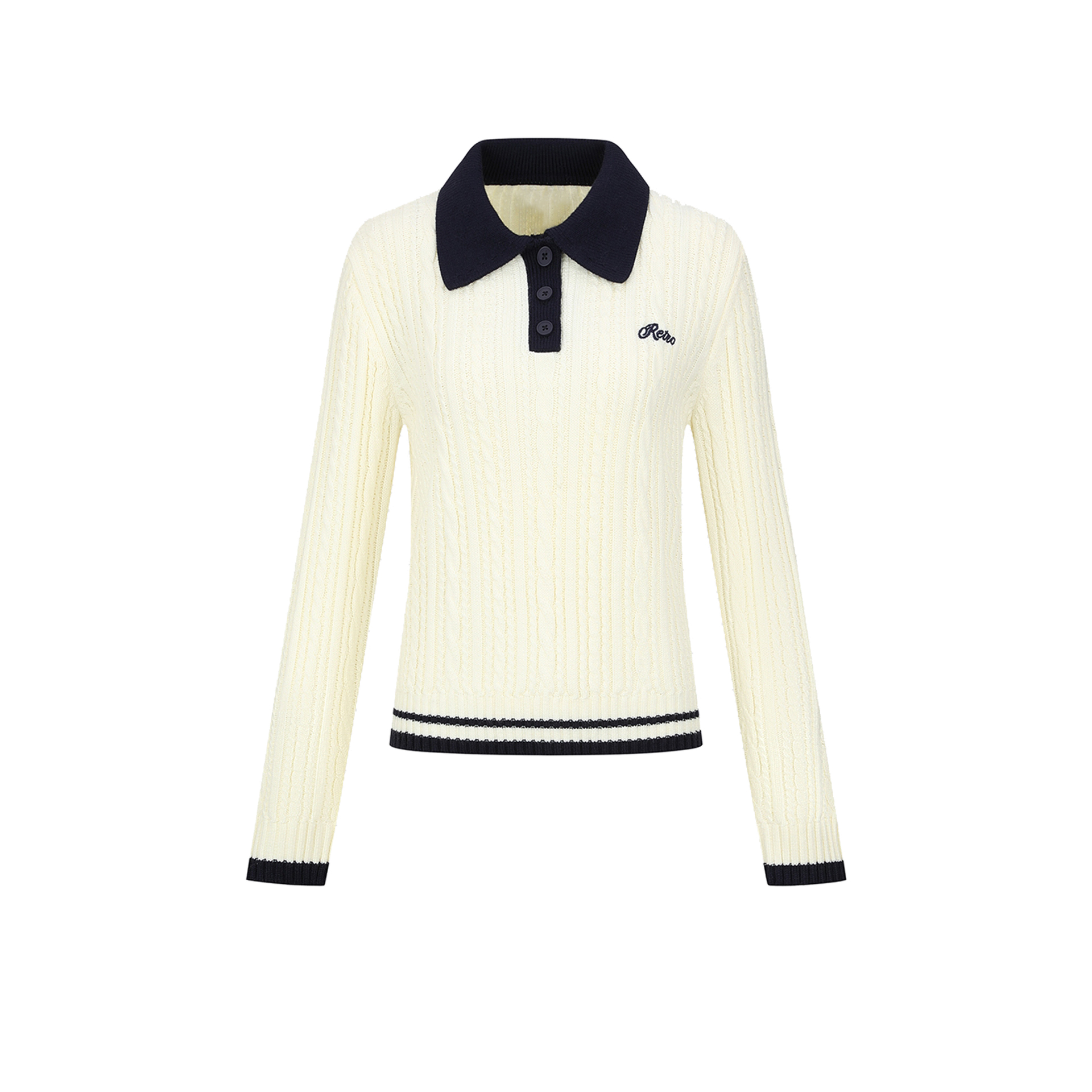 UR&DC2025冬季新款休闲学院撞色POLO领绞花短款长袖针织衫女上衣