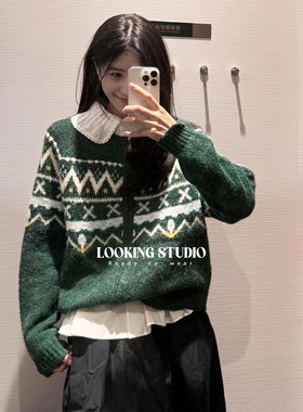 UR&DC2024冬季绿色复古风慵懒费尔岛提花拉链针织开衫女毛衣外套