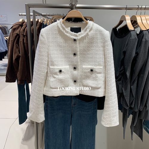 UR&DC2025秋季新款法式流光风气质小香肌理感纽扣圆领短款外套女