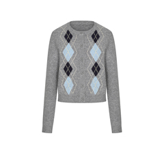 UR&DC2025冬季新款复古休闲学院风菱格纹短款长袖针织开衫女上衣