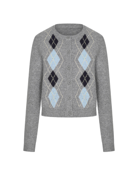 UR&DC2025冬季新款复古休闲学院风菱格纹短款长袖针织开衫女上衣