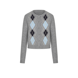 UR&DC2025冬季新款复古休闲学院风菱格纹短款长袖针织开衫女上衣