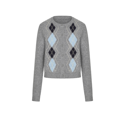 UR&DC2025冬季新款复古休闲学院风菱格纹短款长袖针织开衫女上衣