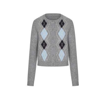 UR&DC2025冬季新款复古休闲学院风菱格纹短款长袖针织开衫女上衣