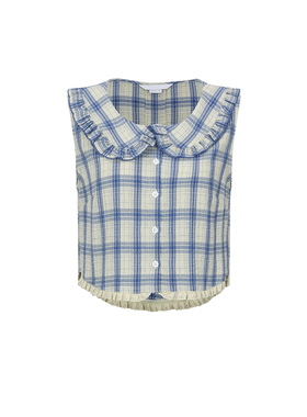 UR&DC2025夏季新款甜美风娃娃领撞色格纹拼接蕾丝开襟衬衫女上衣