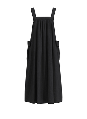 UR&DC2024夏季新款工装背带裙时尚黑色大口袋方领宽松吊带连衣裙