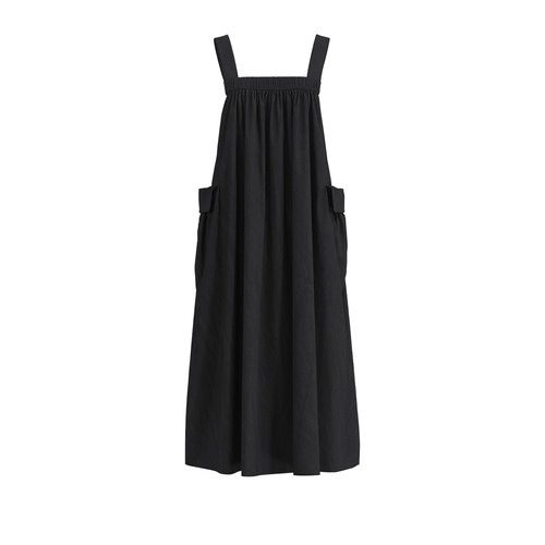 UR&DC2024夏季新款工装背带裙时尚黑色大口袋方领宽松吊带连衣裙