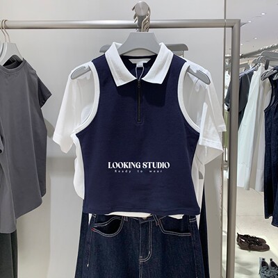 UR&DC2025夏季新款法式时尚学院风撞色领半拉链马球衫女短款上衣