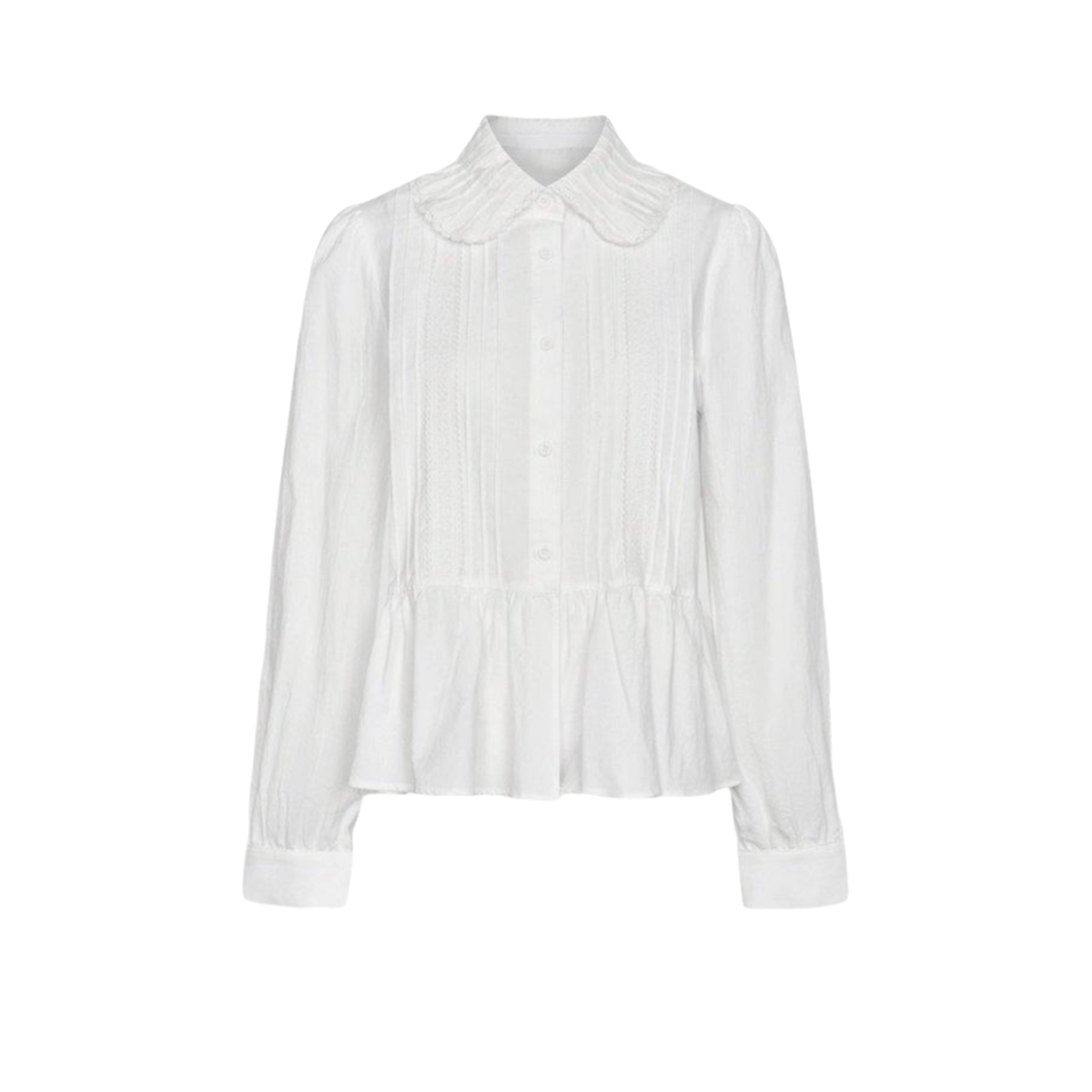 UR&DC2024冬季新款法式甜美气质娃娃领蕾丝压褶饰长袖白色衬衫女