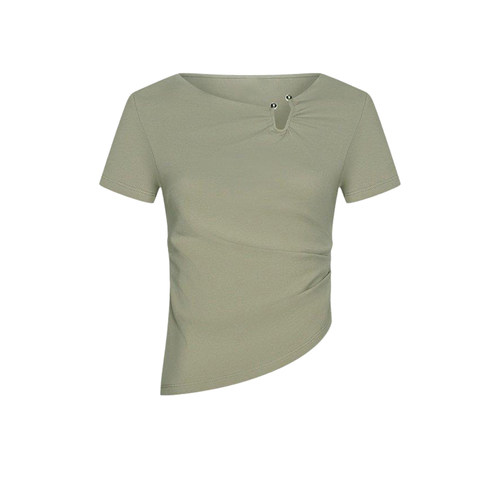 UR&DC2024夏季新款时髦小众不规则设计感收褶短袖T恤女斜下摆上衣